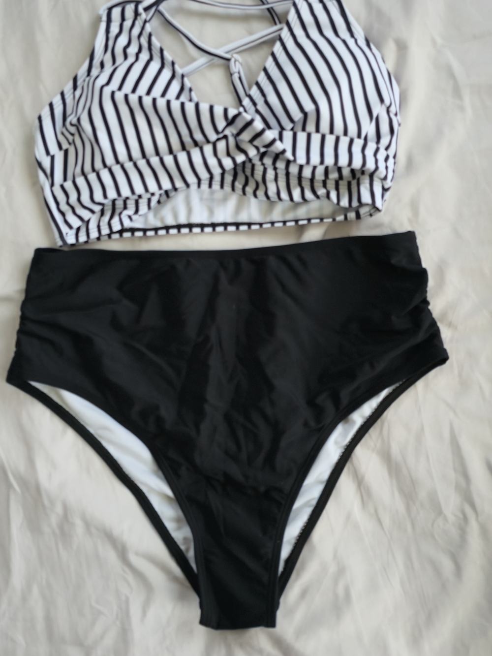 Striped Black & White Bikini Top with Black High-Waist Bottom - Women Swim